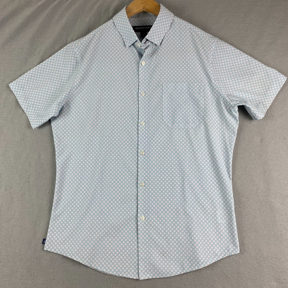 Mizzen+Main Leeward Shirt Mens M light blue pattern Trim Fit Short Sleeve